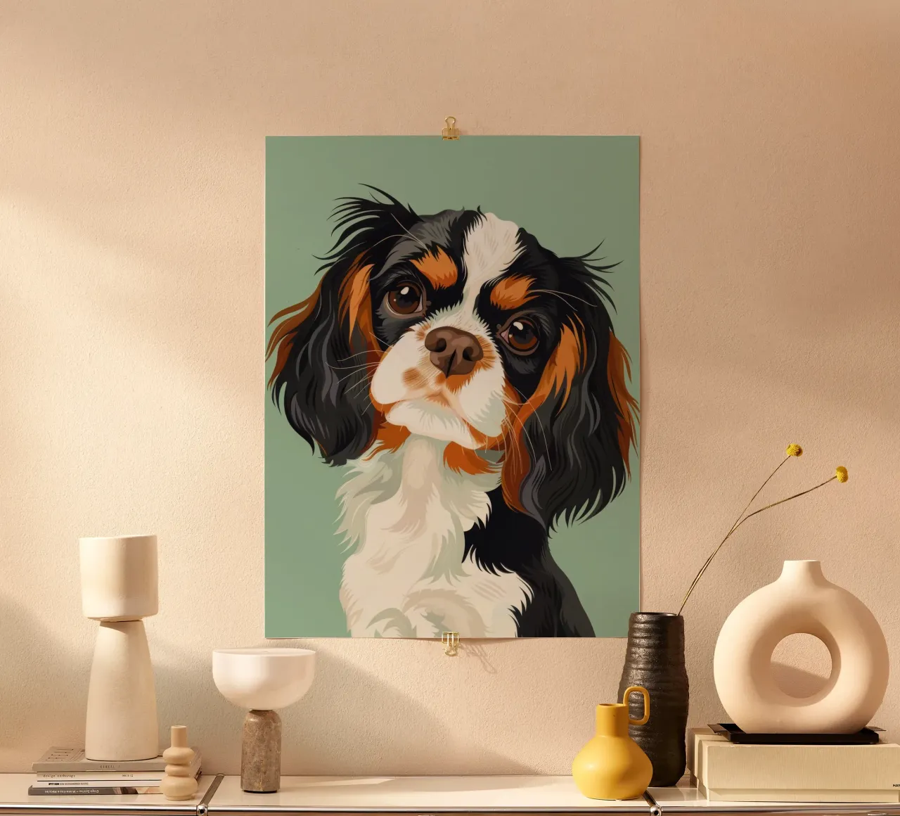 expressive closeup of Cavalier King Charles Spaniel poster with aluminum frame by DesignDoodle