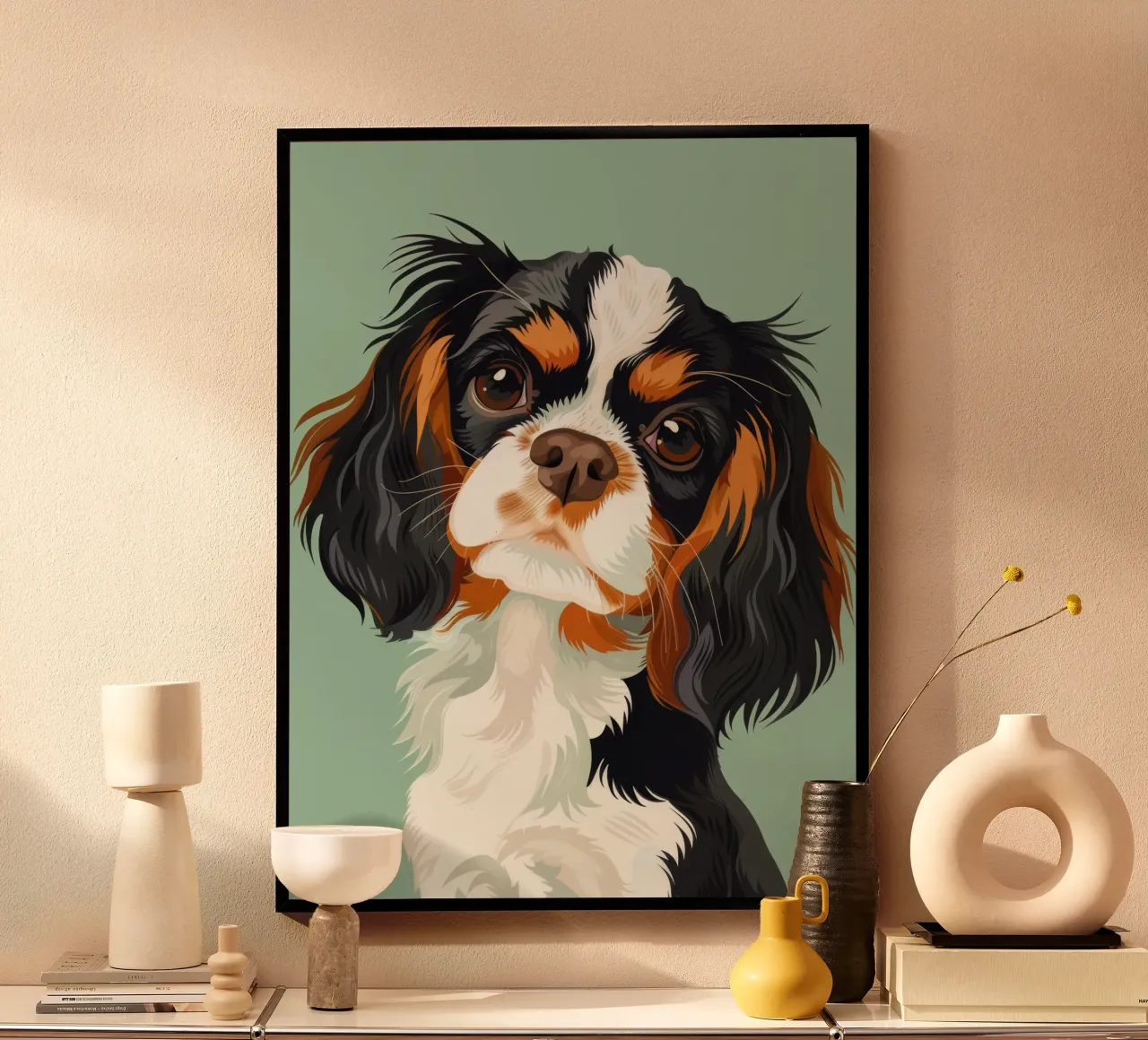 expressive closeup of Cavalier King Charles Spaniel poster with aluminum frame by DesignDoodle