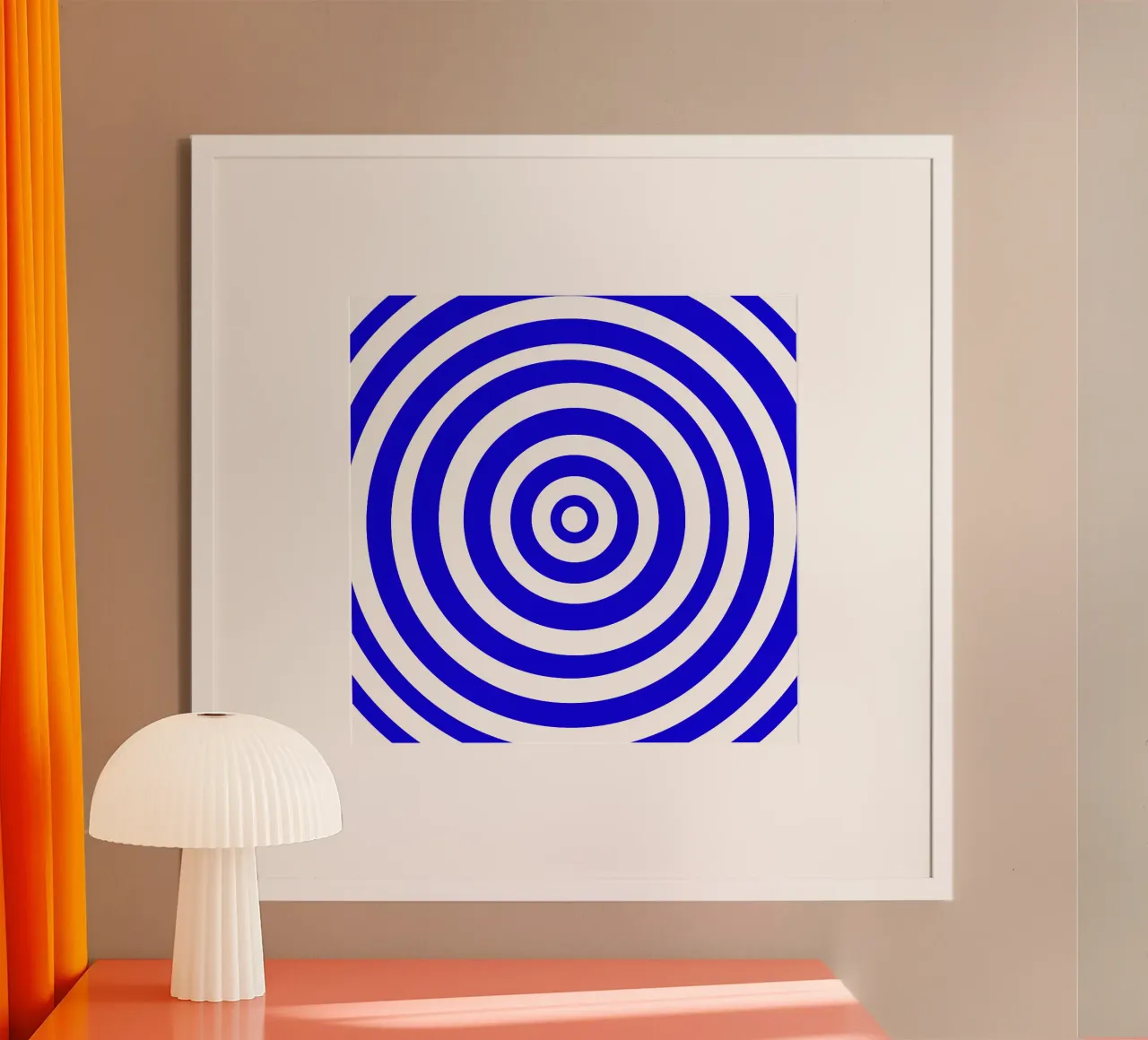 Geometrische blau-weiße Kreise, minimalistisch, Modern art Poster mit Holzrahmen von Lilou Art