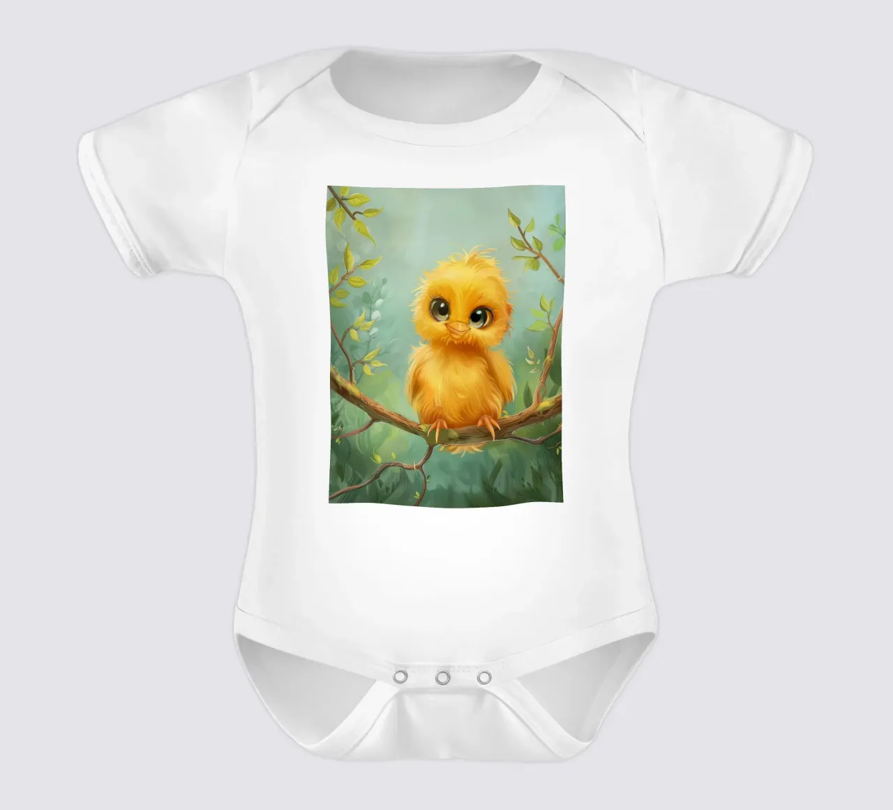 adorable chick with big eyes, perched on a branch short-sleeve baby romper by DesignDoodle