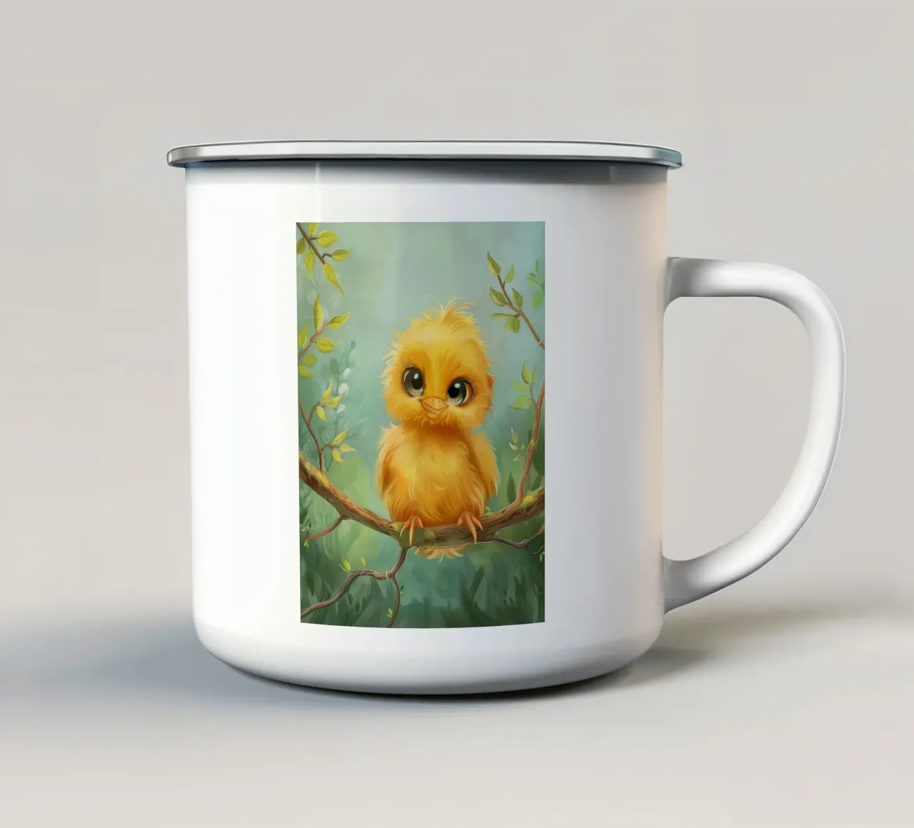 adorabile pulcino con gli occhi grandi, appollaiato su un ramo tazza in smalto da DesignDoodle
