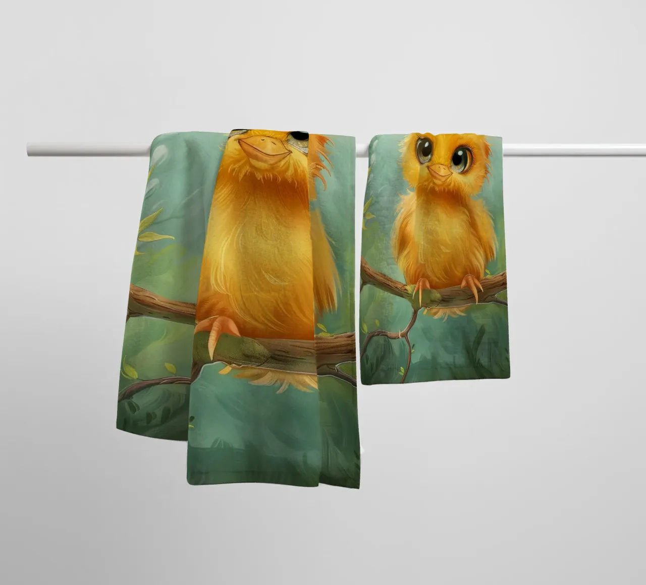 adorable chick with big eyes, perched on a branch towel by DesignDoodle
