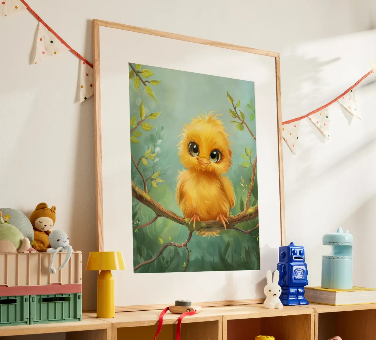 niedliches Küken mit großen Augen, auf einem Ast sitzend Hahnemühle von DesignDoodle