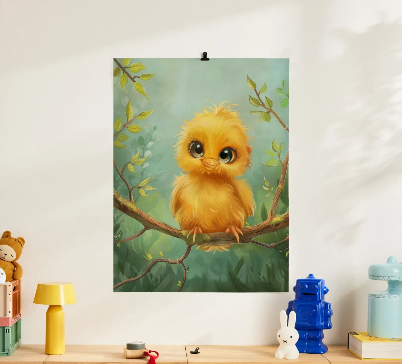 niedliches Küken mit großen Augen, auf einem Ast sitzend Hahnemühle von DesignDoodle