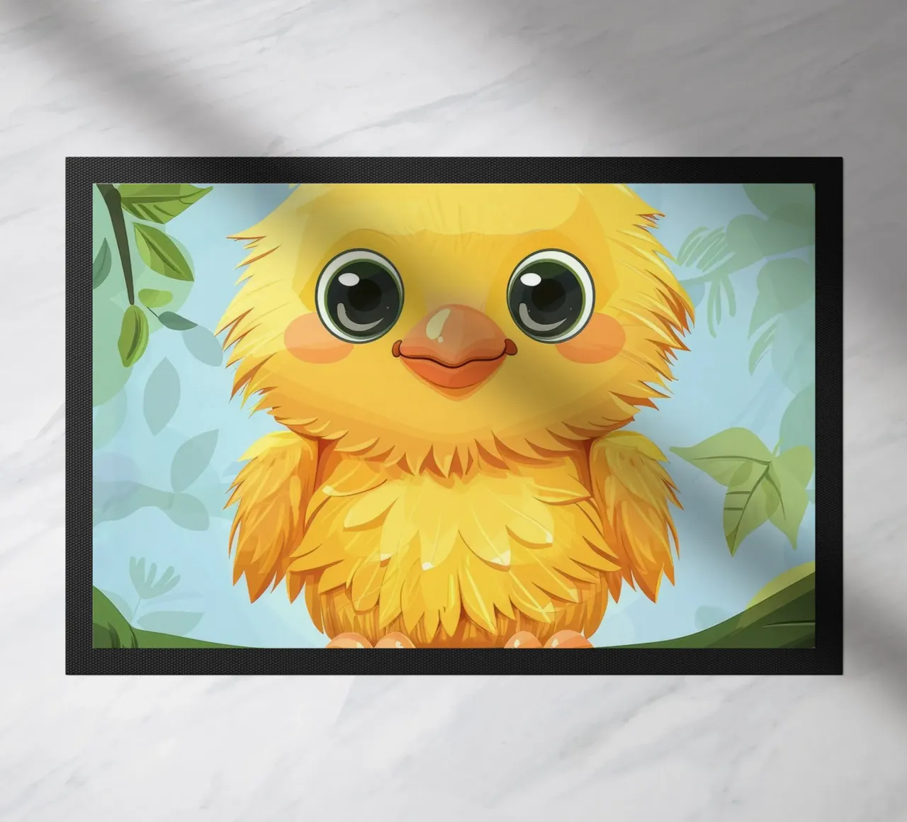 cute vibrant chick with large eyes, perched on leafy branch doormat by DesignDoodle
