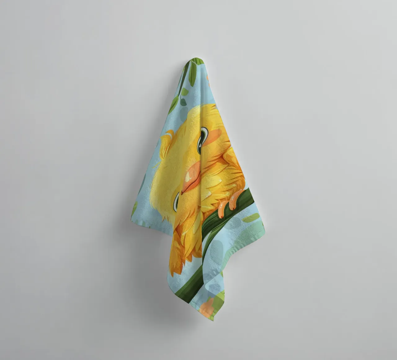 cute vibrant chick with large eyes, perched on leafy branch towel by DesignDoodle