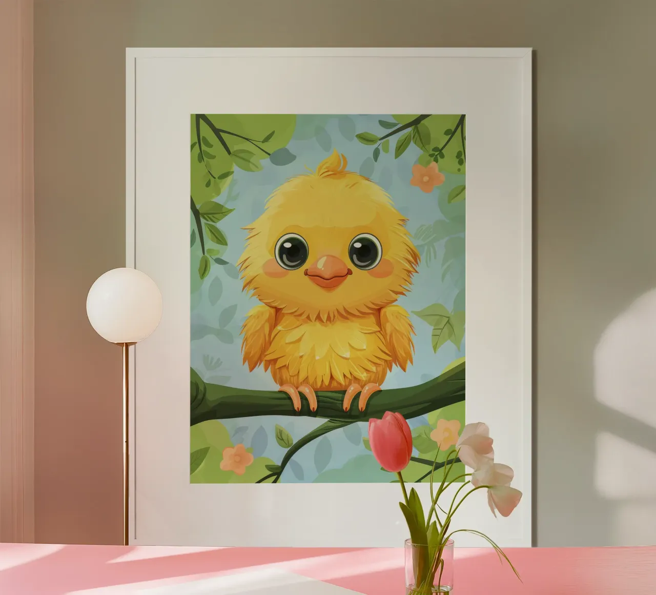 mignon poussin vibrant avec de grands yeux, perché sur une branche feuillue hahnemühle de DesignDoodle