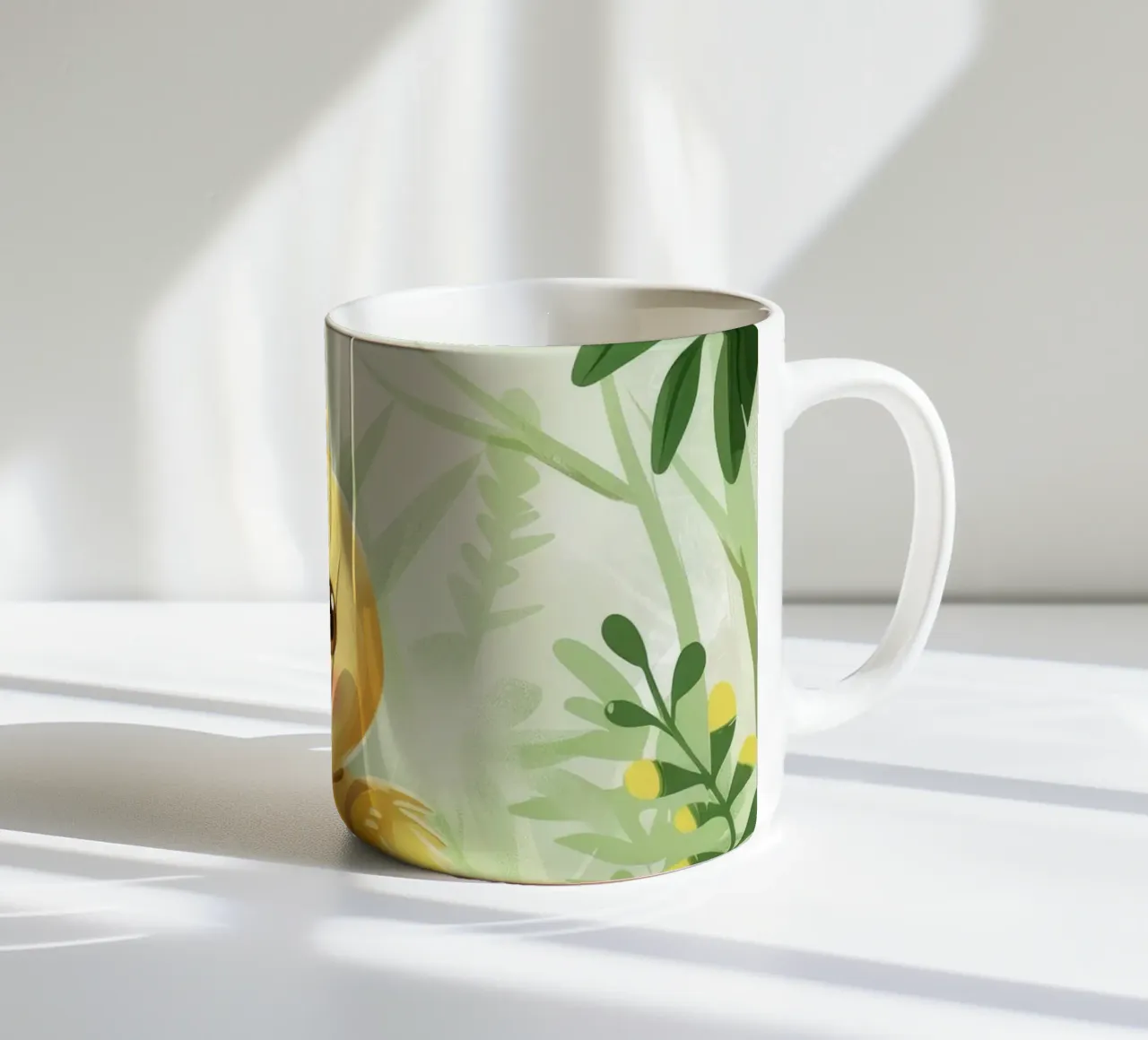 pulcino allegro circondato da foglie e fiori tazza in ceramica da DesignDoodle