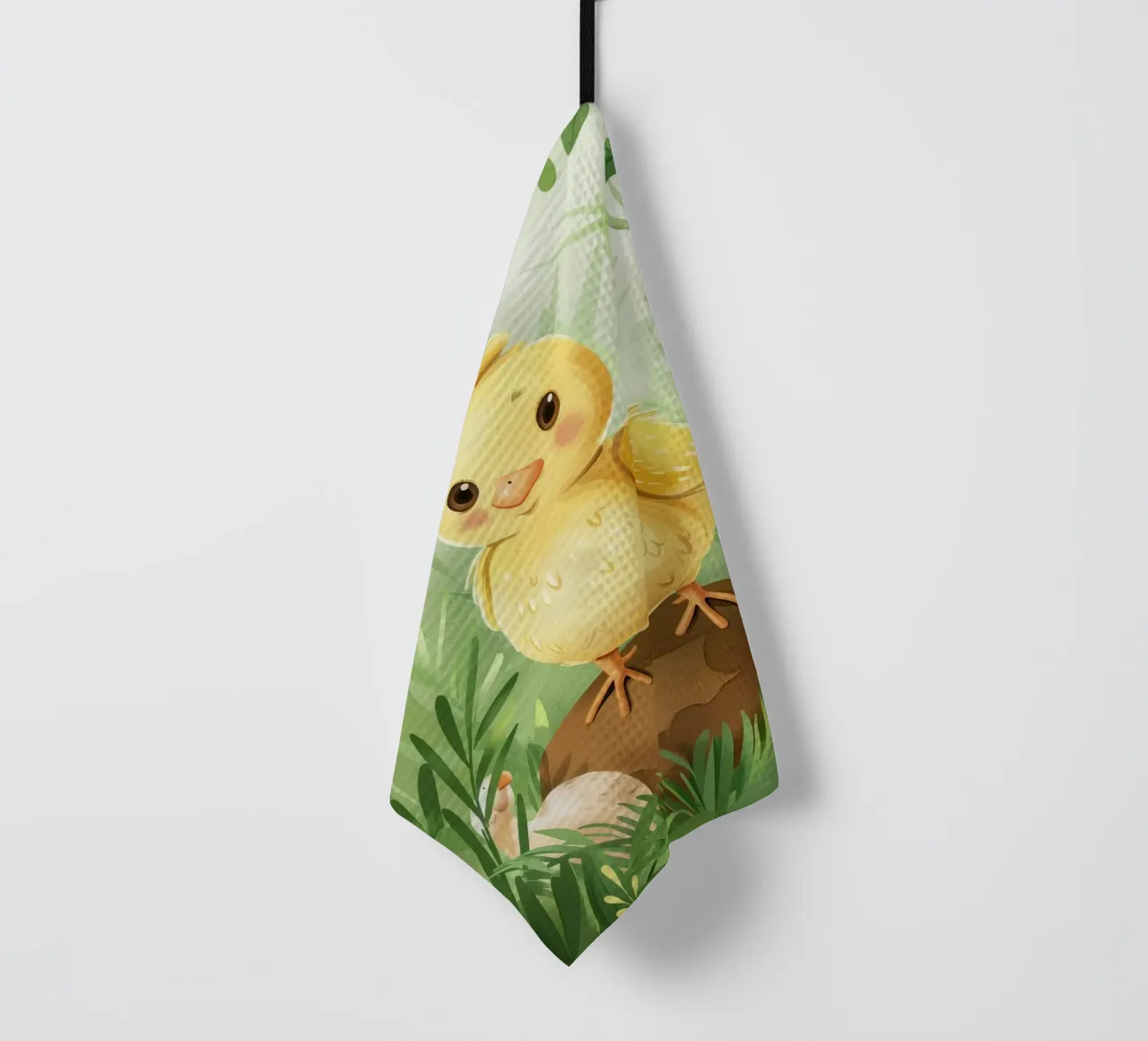 pulcino allegro circondato da foglie e fiori canovaccio da cucina da DesignDoodle