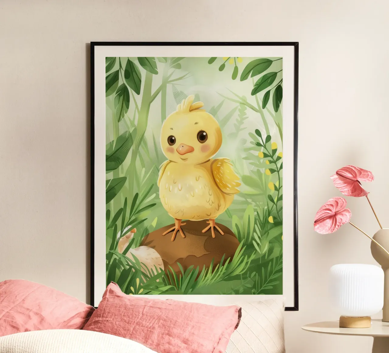 pulcino allegro circondato da foglie e fiori carta hahnemühle da DesignDoodle