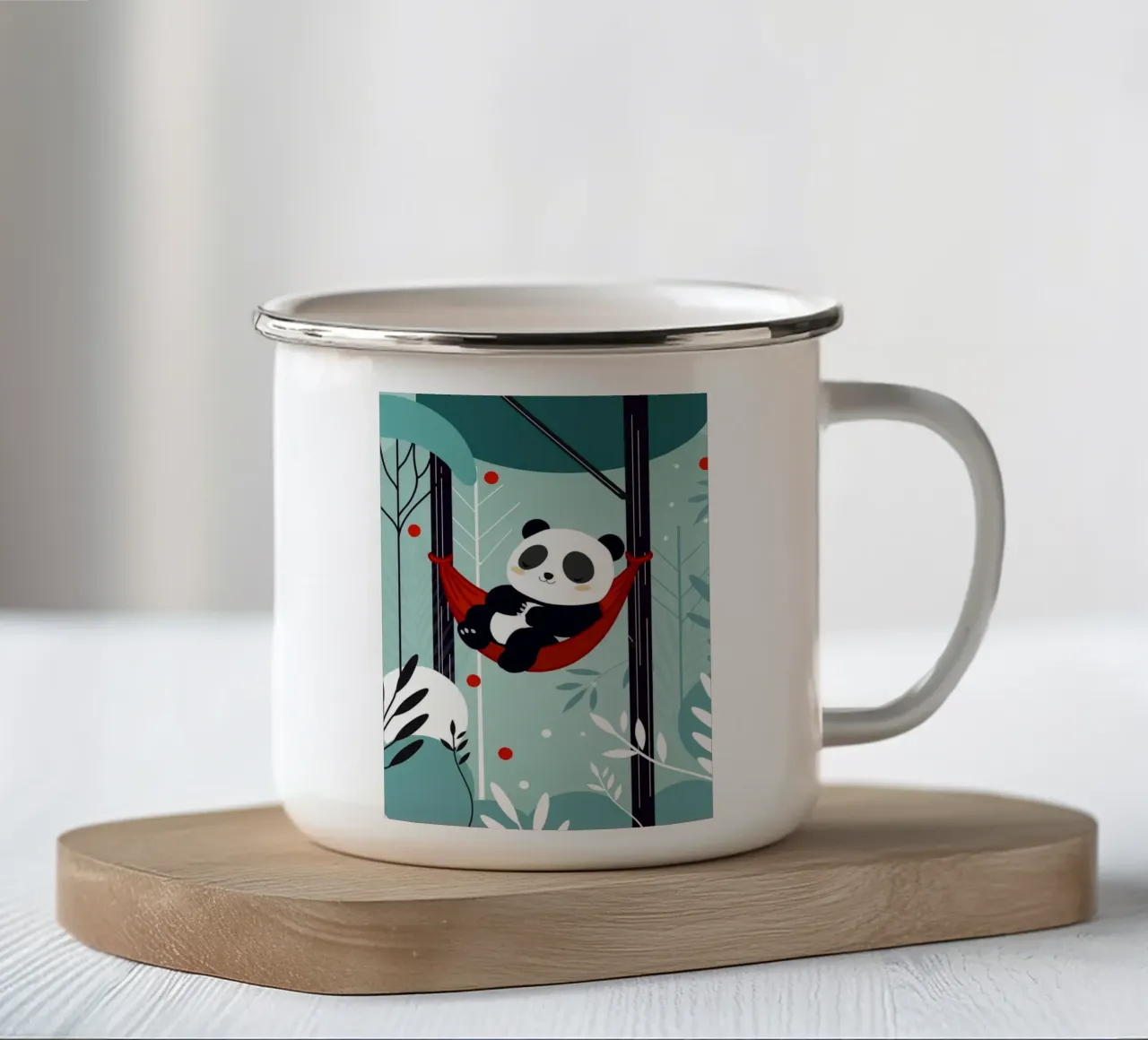 Sleeping panda in hammock - Relaxed nature motif enamel mug by namosh
