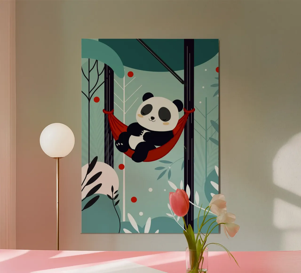 Panda addormentato sull'amaca - Motivo di natura rilassata poster con telaio in alluminio da namosh