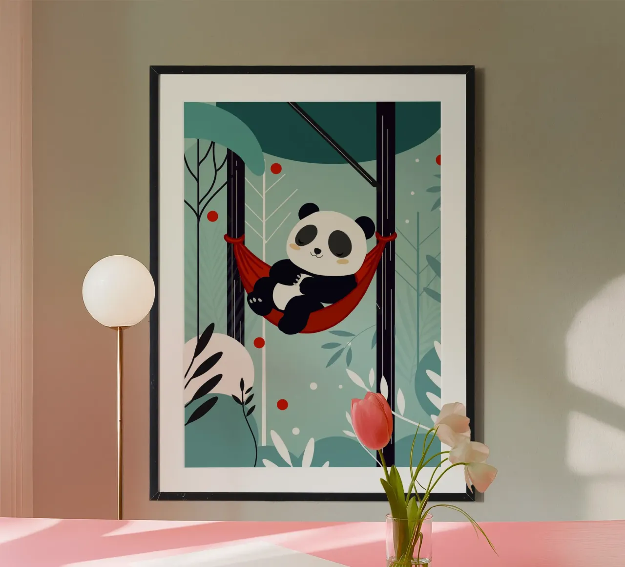 Panda addormentato sull'amaca - Motivo di natura rilassata poster con telaio in alluminio da namosh