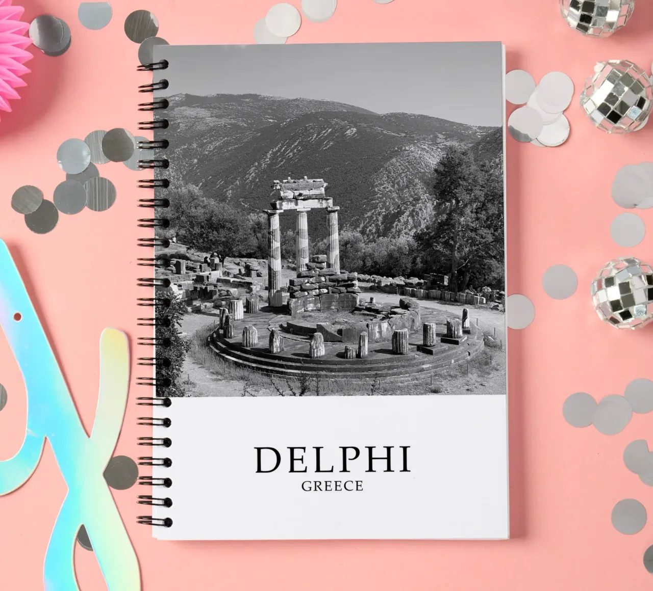 Delphi Greece Architecture Scene Greyscale spiral notebook by Charnwood Prints