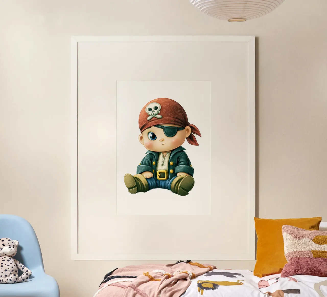 Simpatico bambino pirata con bandana e benda per gli occhi poster con telaio in alluminio da Urban Life