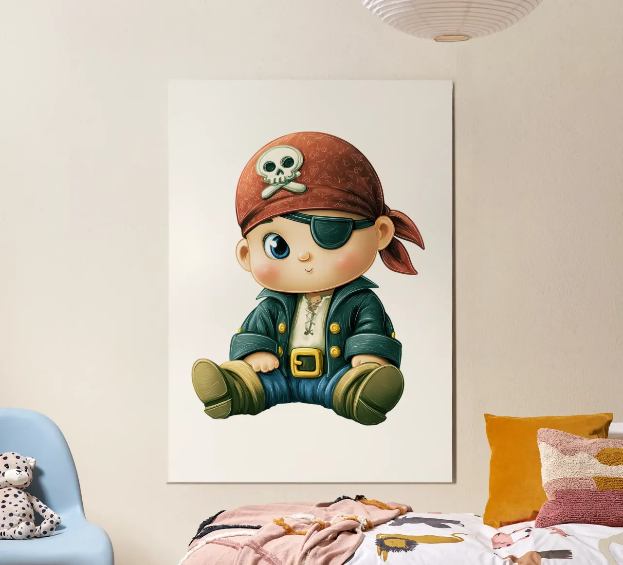 Simpatico bambino pirata con bandana e benda per gli occhi poster con telaio in alluminio da Urban Life