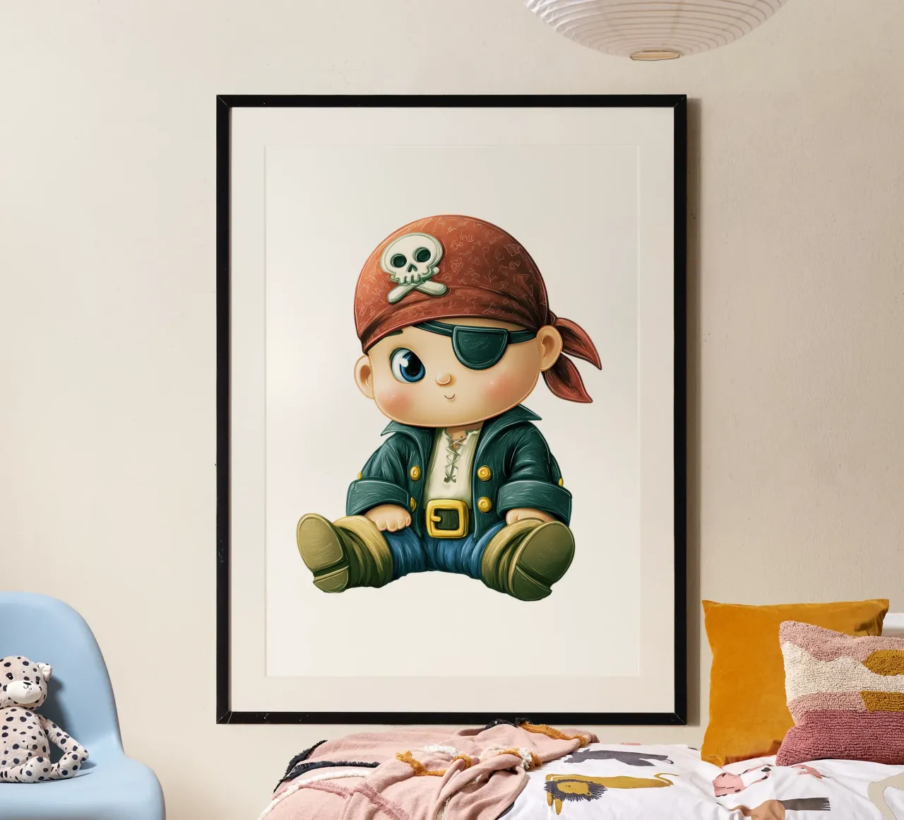 Simpatico bambino pirata con bandana e benda per gli occhi poster con telaio in alluminio da Urban Life