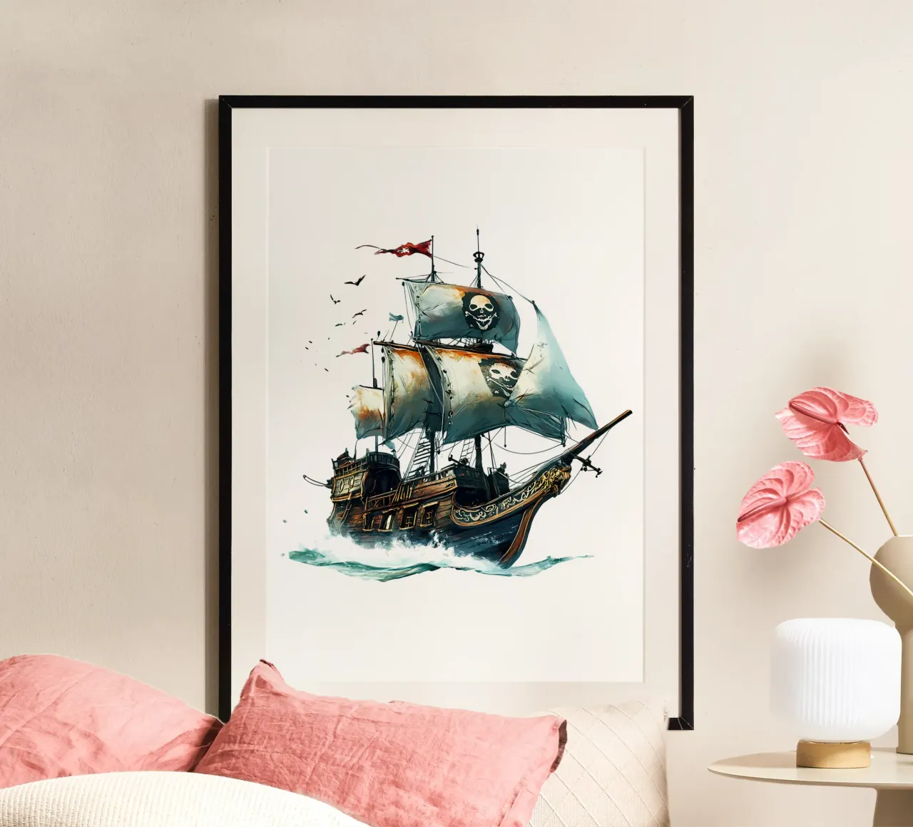 Nave pirata con vele di teschi Di tendenza ora poster con telaio in alluminio da Urban Life