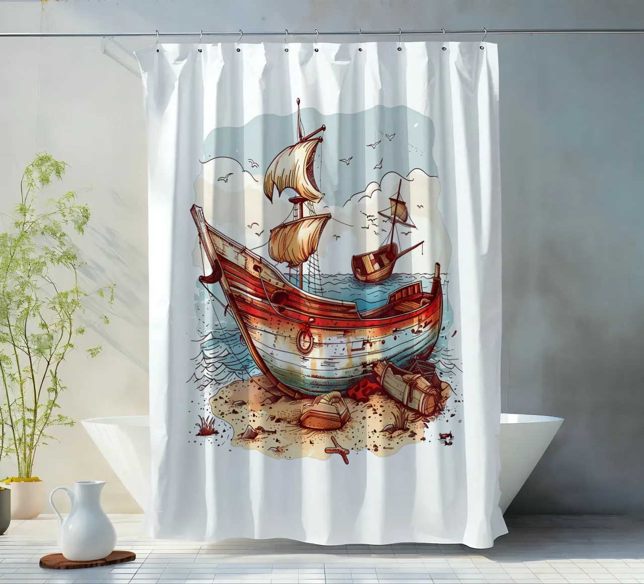 Old Boat on the Beach Trending Now shower curtain by Urban Life