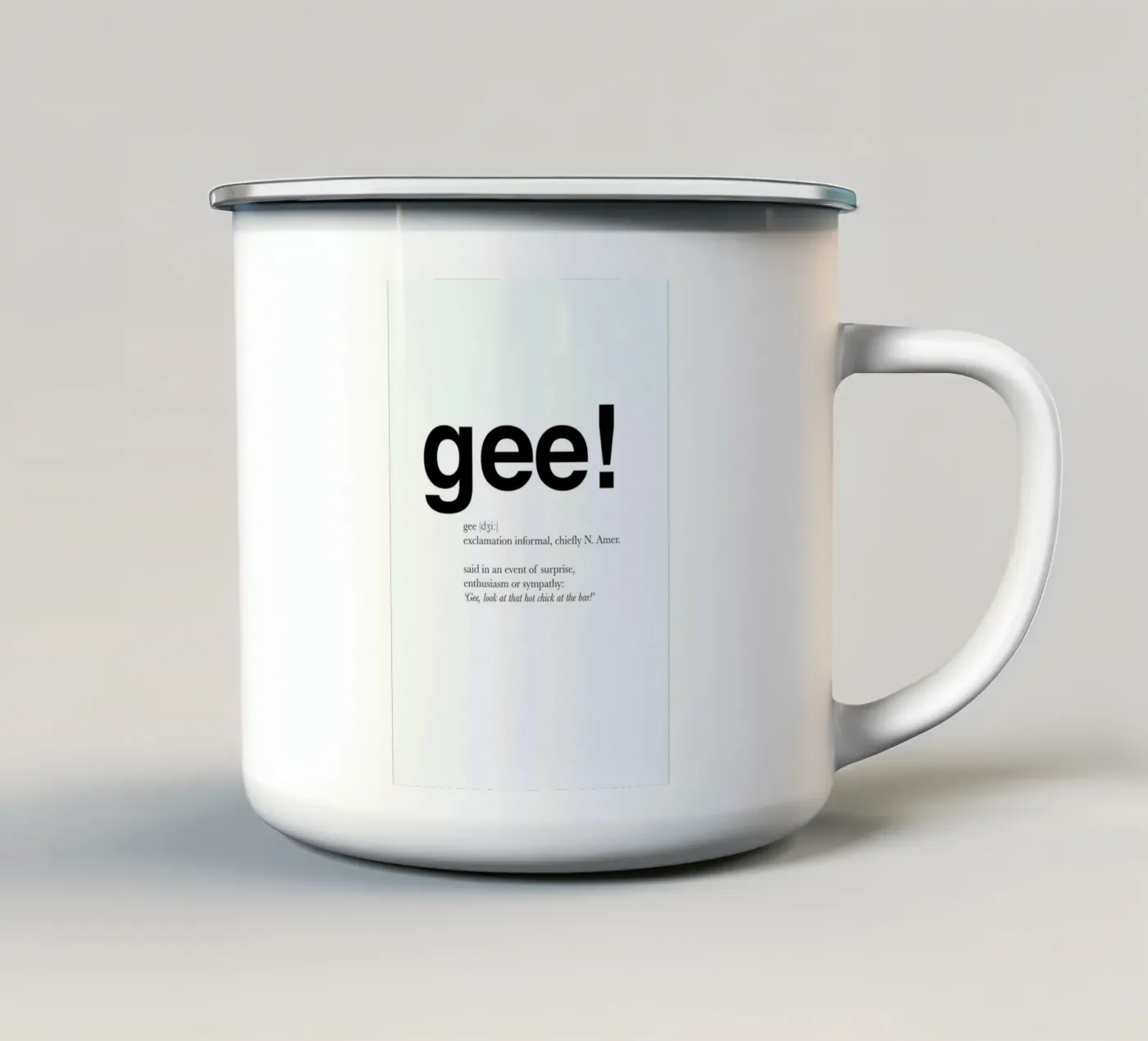 The gee interjection enamel mug by Matěj Kašpar Jirásek