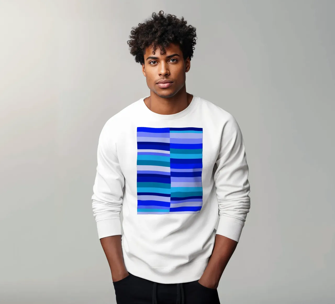 Stripes in shades of blue, geometric shapes, modern print sweatshirt by Lilou Art