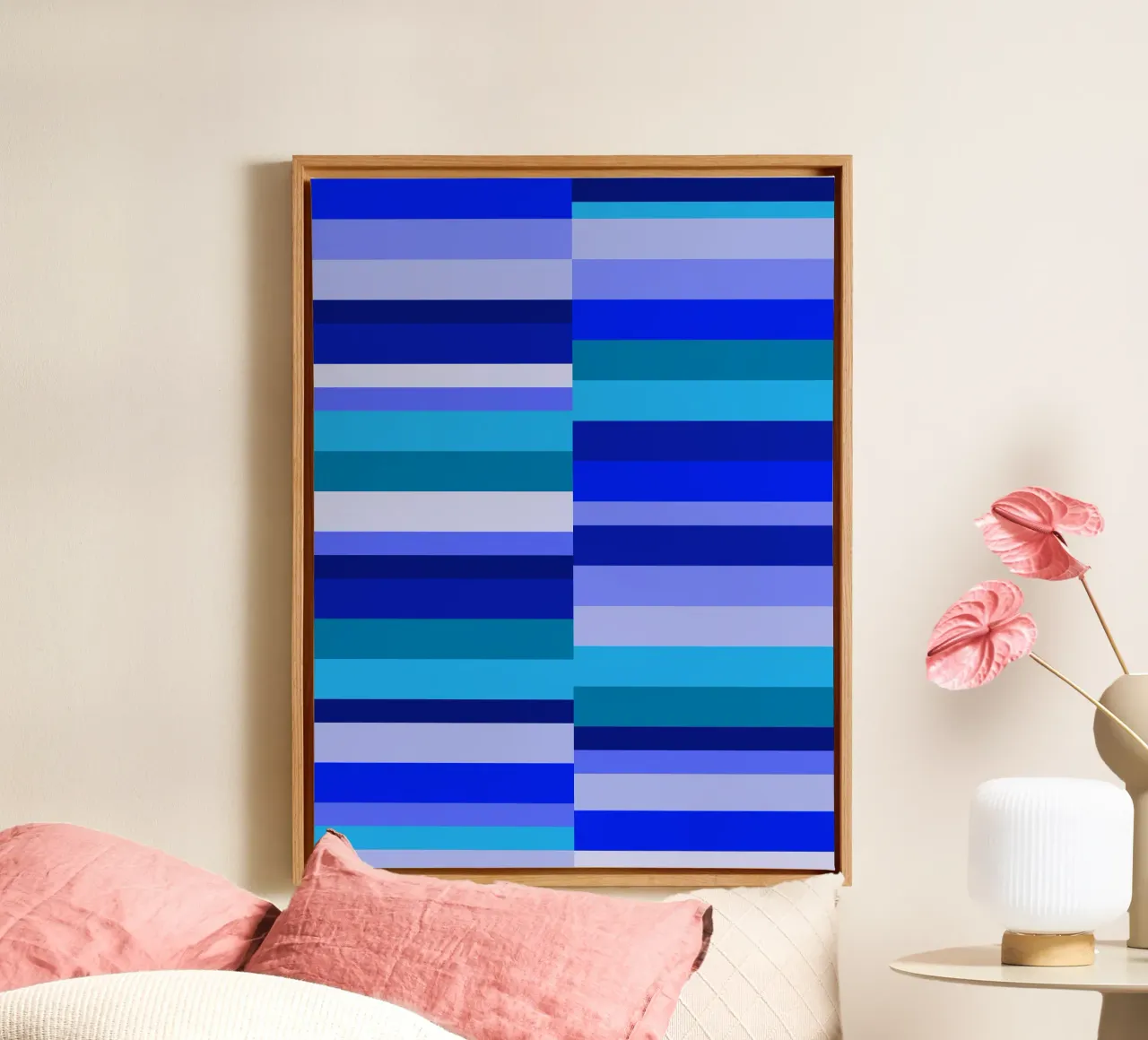 Strisce nei toni del blu, forme geometriche, stampa moderna tela con Cornice a cassetta da Lilou Art