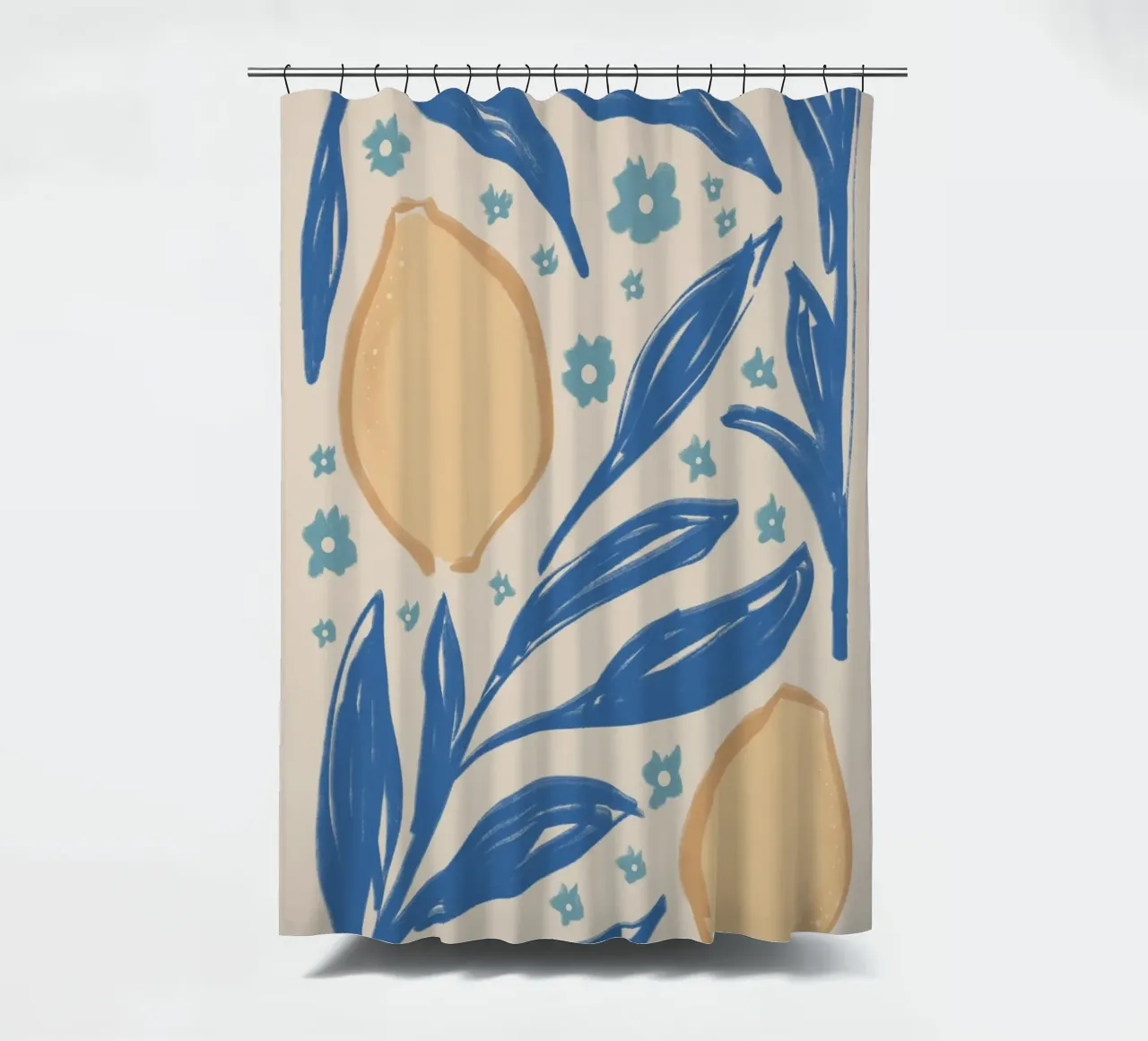 Abstract Yellow Lemons and Blue Leaves on Beige shower curtain by Melloi Art Print