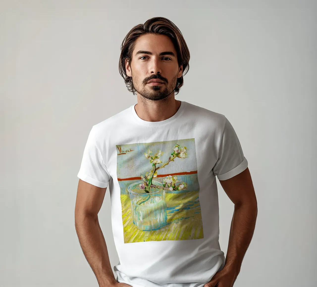 Rametto di mandorlo in fiore in un bicchiere di Van Gogh (1888) t-shirt da Venus Art