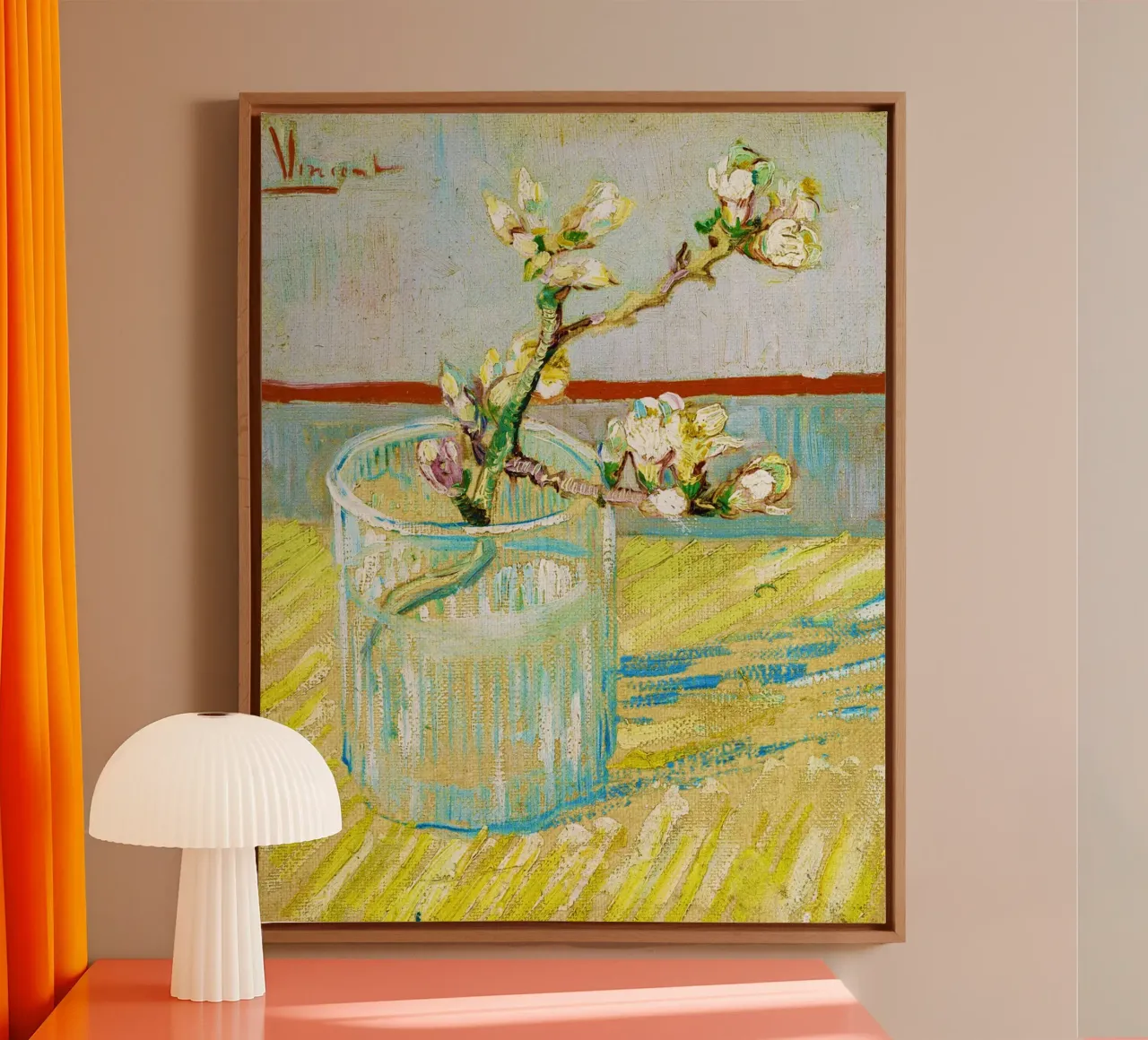 Rametto di mandorlo in fiore in un bicchiere di Van Gogh (1888) tela con Cornice a cassetta da Venus Art
