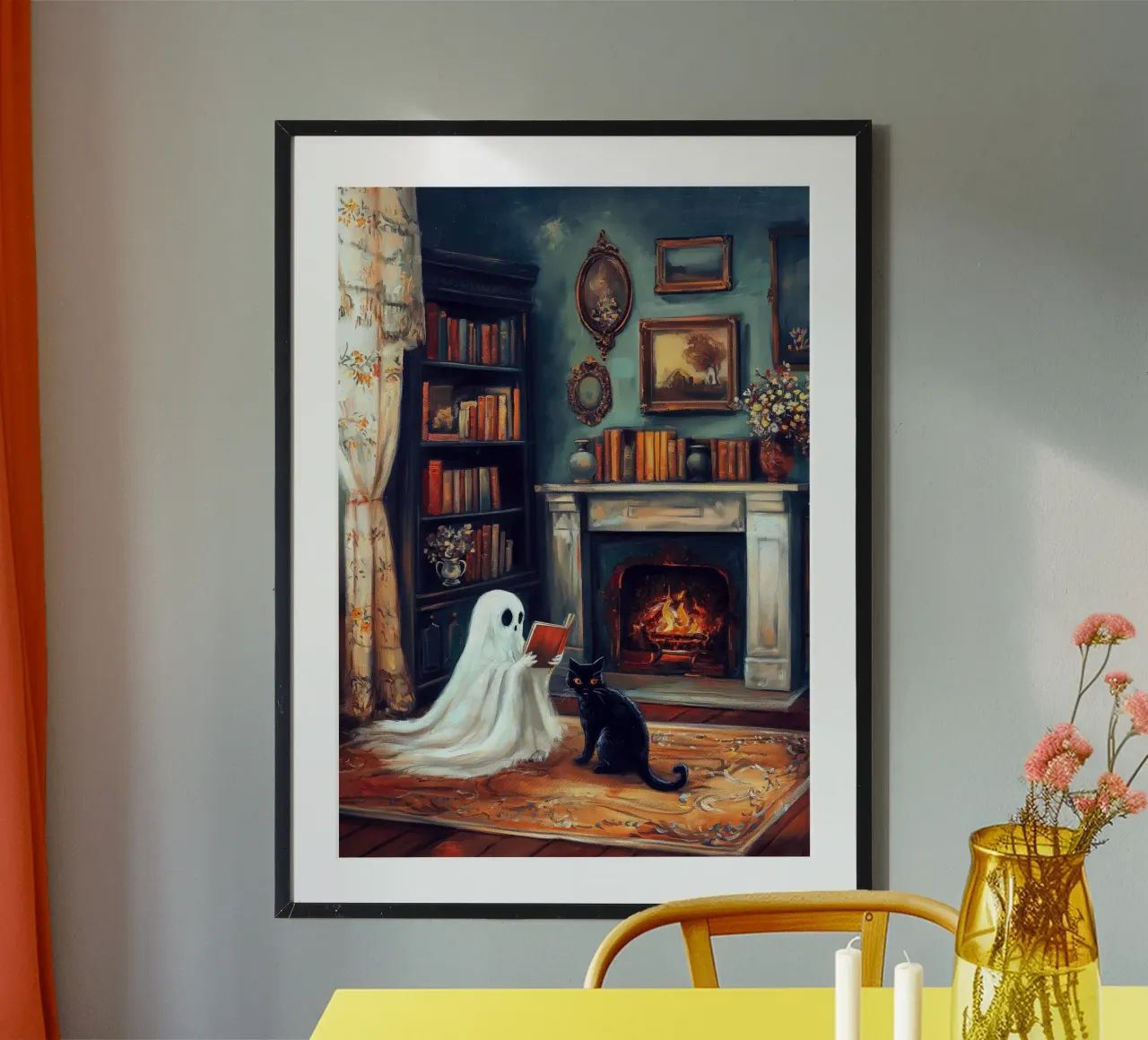 Lettura di fantasmi vittoriani di Halloween poster con telaio in legno da Fleur de Lys