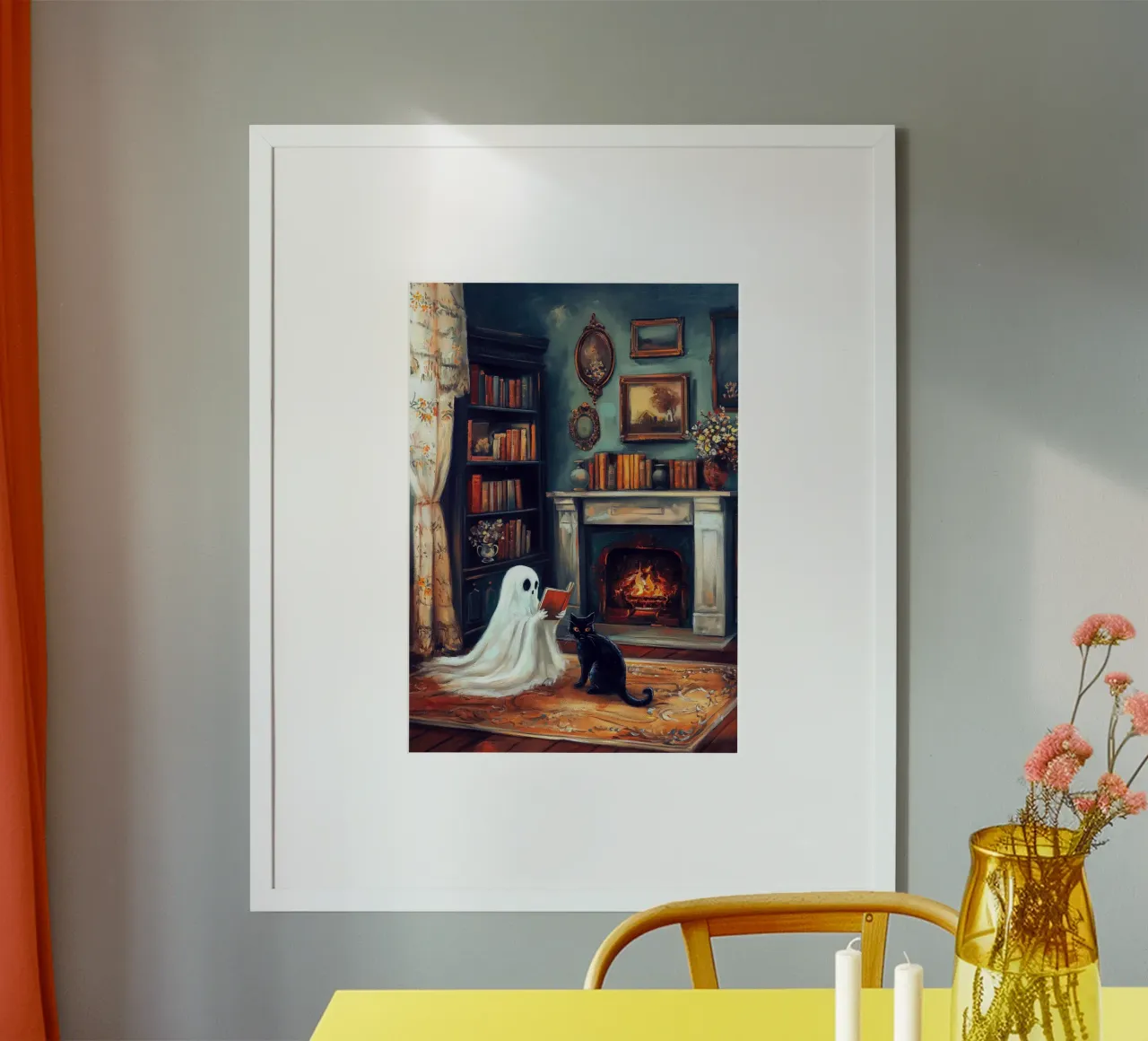 Lettura di fantasmi vittoriani di Halloween poster con telaio in legno da Fleur de Lys