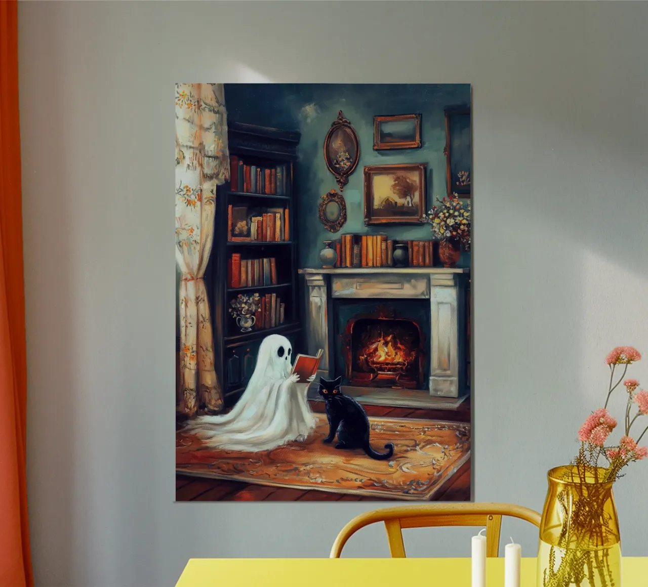 Lettura di fantasmi vittoriani di Halloween poster con telaio in legno da Fleur de Lys