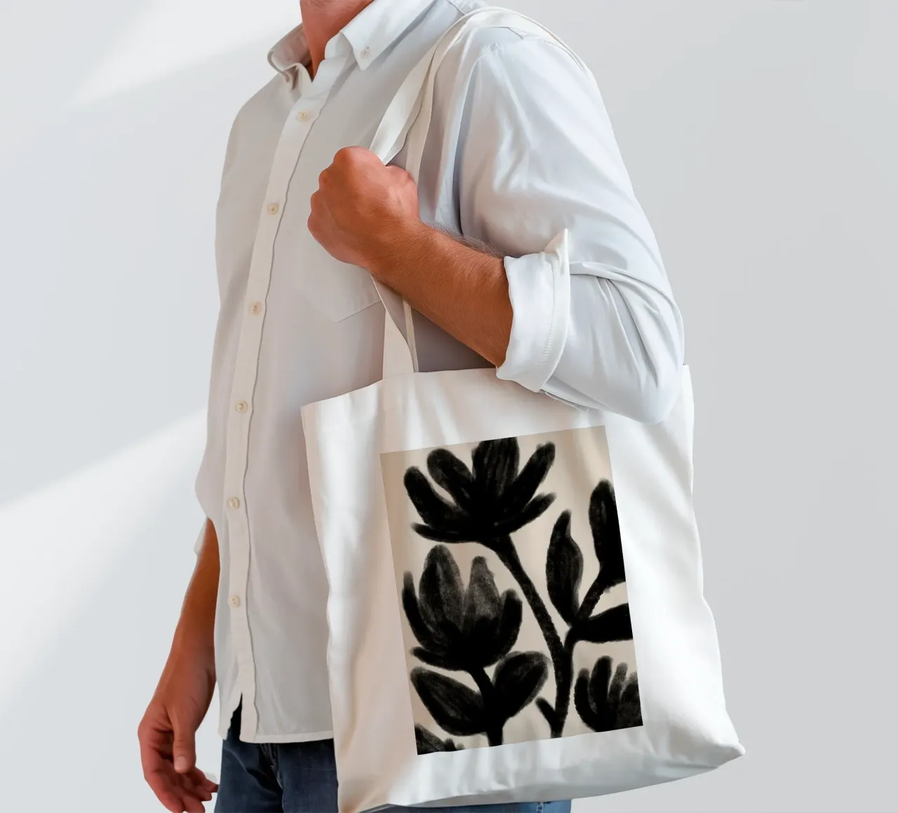 Abstract Black Floral Botanical on Beige tote bag by Melloi Art Print