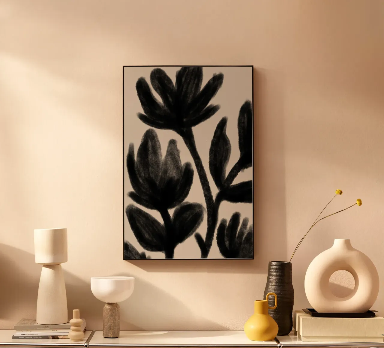 Astratto nero floreale botanico su beige alluminio dibond da Melloi Art Print