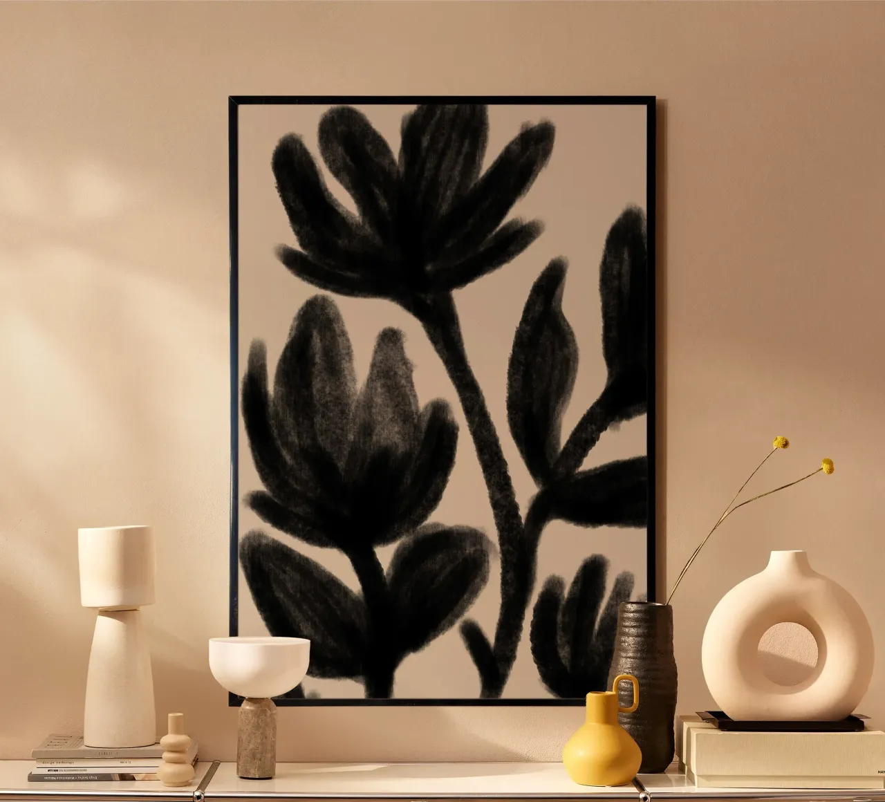 Abstract Black Floral Botanical on Beige hahnemühle by Melloi Art Print