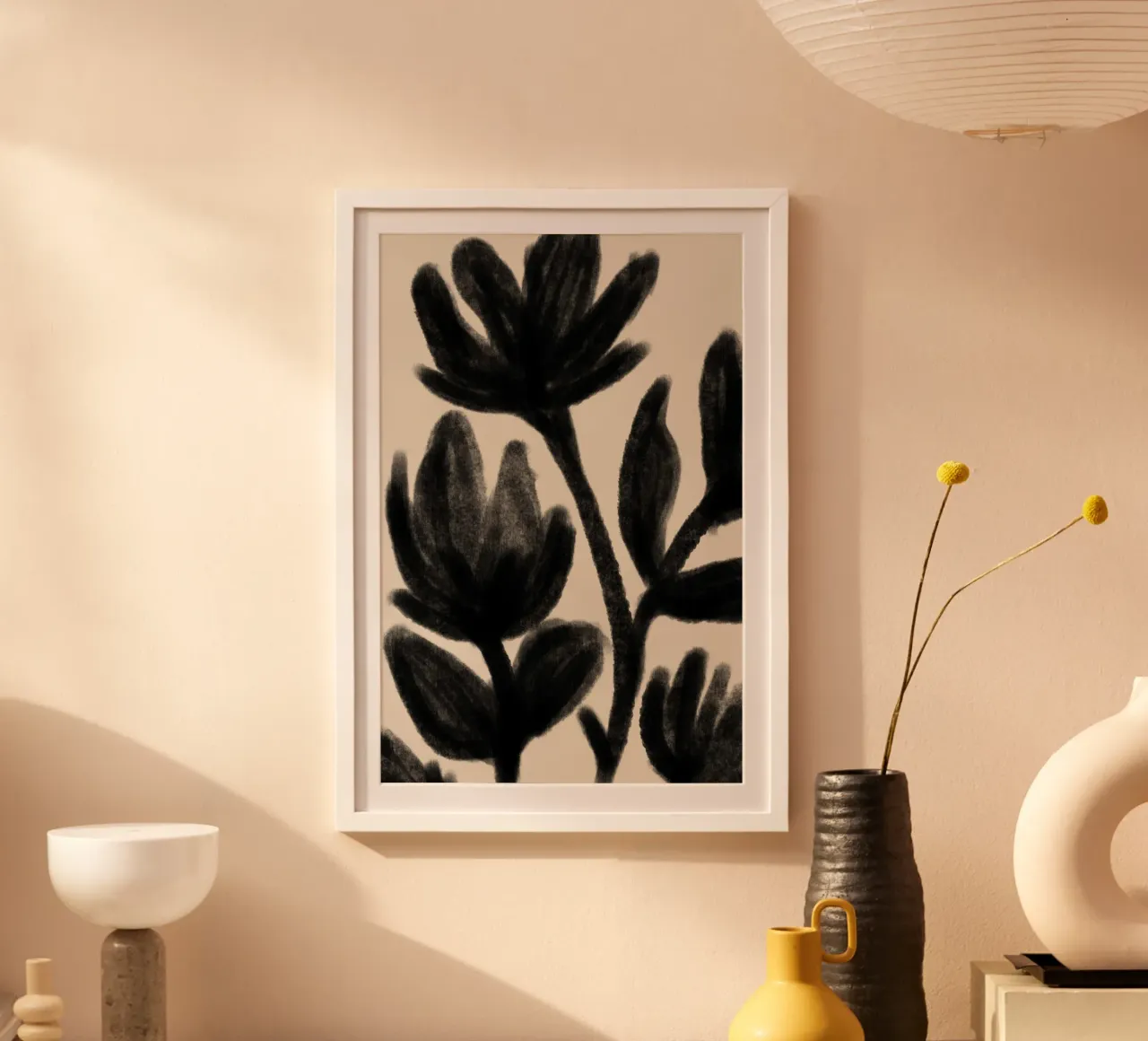 Abstract Black Floral Botanical on Beige hahnemühle by Melloi Art Print