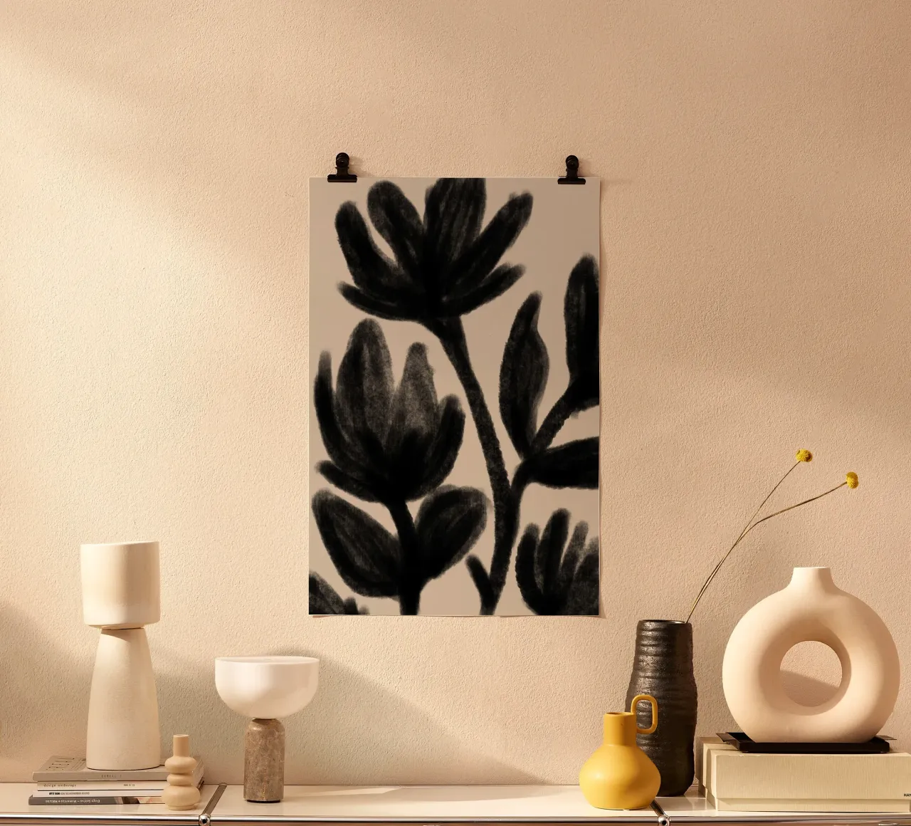Abstract Black Floral Botanical on Beige hahnemühle by Melloi Art Print