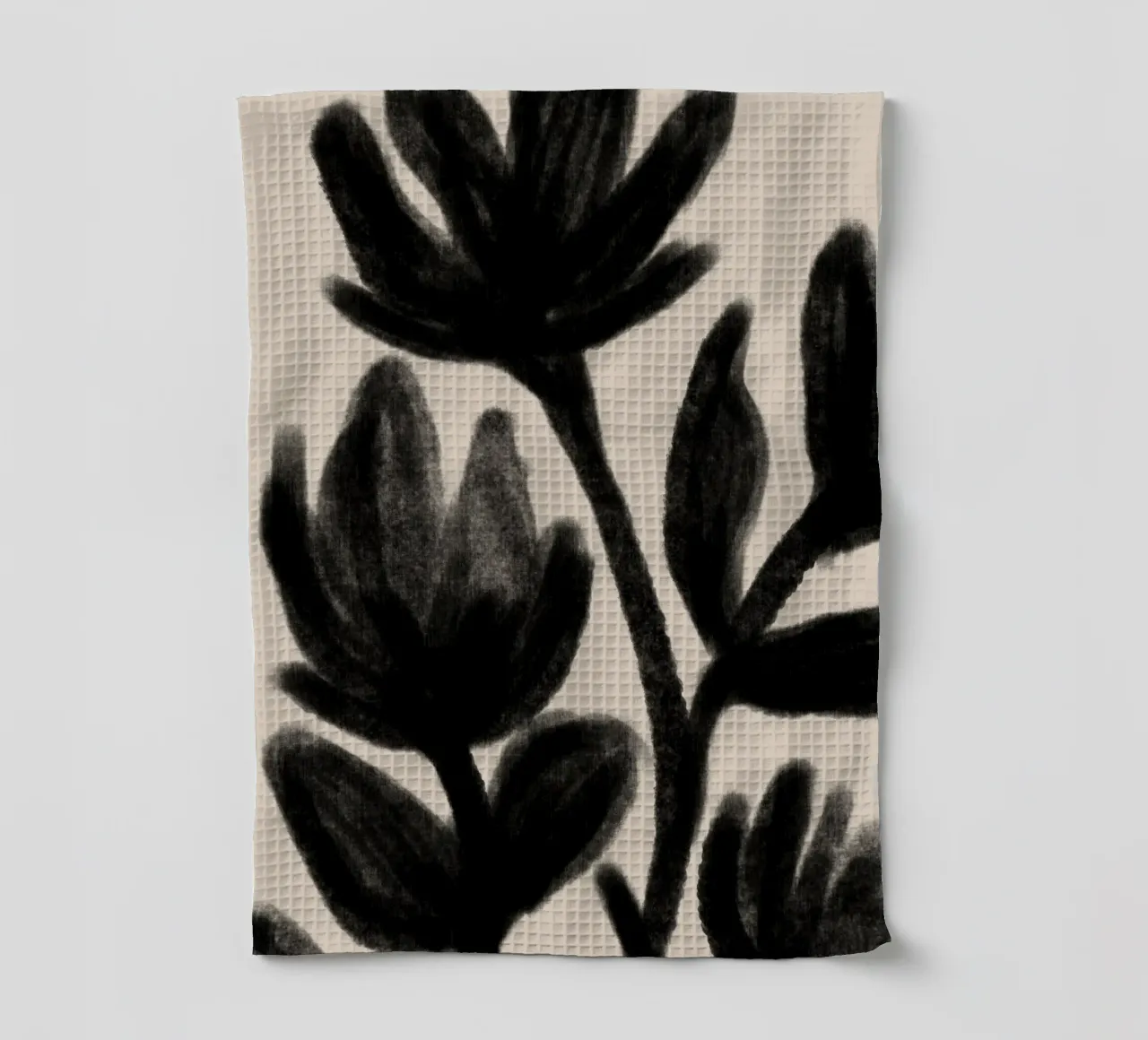 Astratto nero floreale botanico su beige canovaccio da cucina da Melloi Art Print