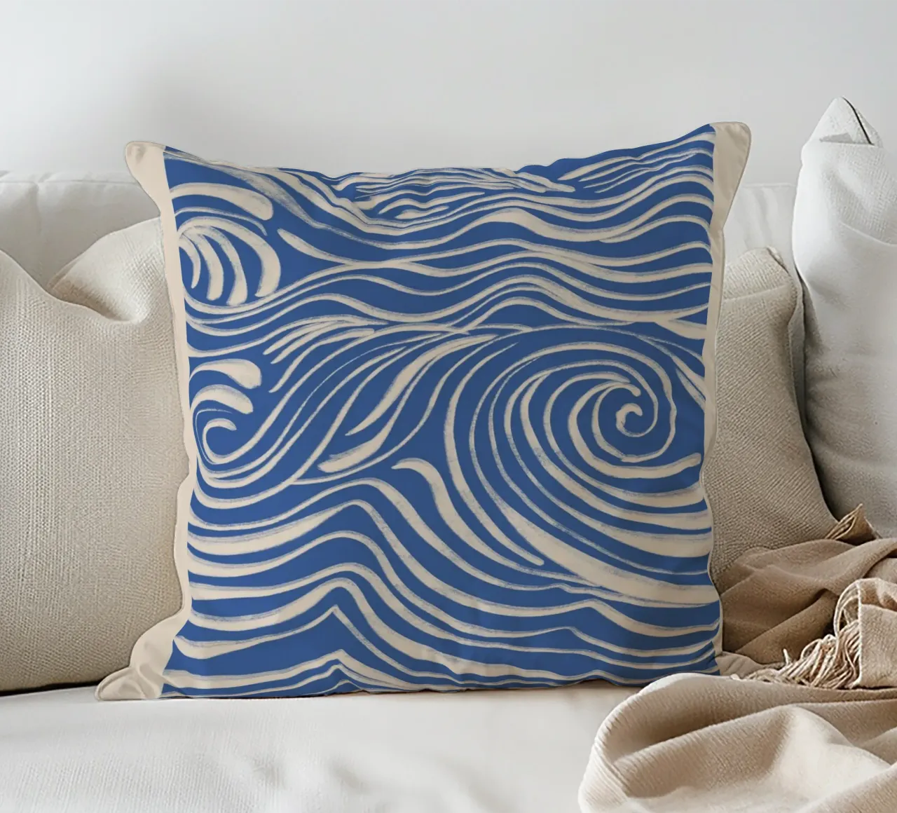 Abstract White Swirls on Blue decorative cushion by Melloi Art Print