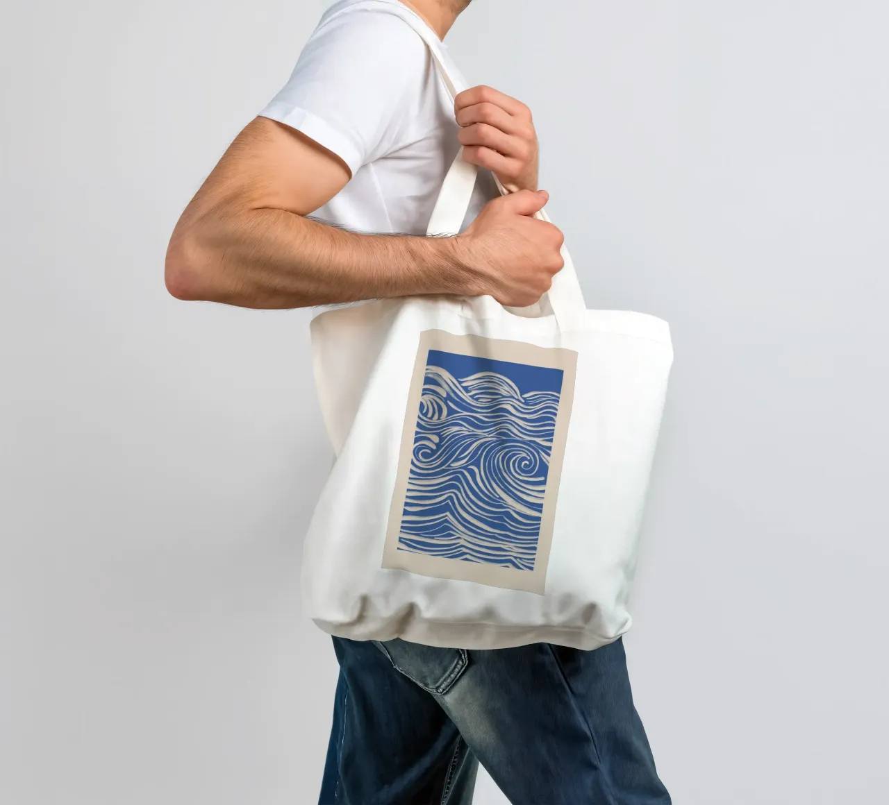 Abstract White Swirls on Blue tote bag by Melloi Art Print