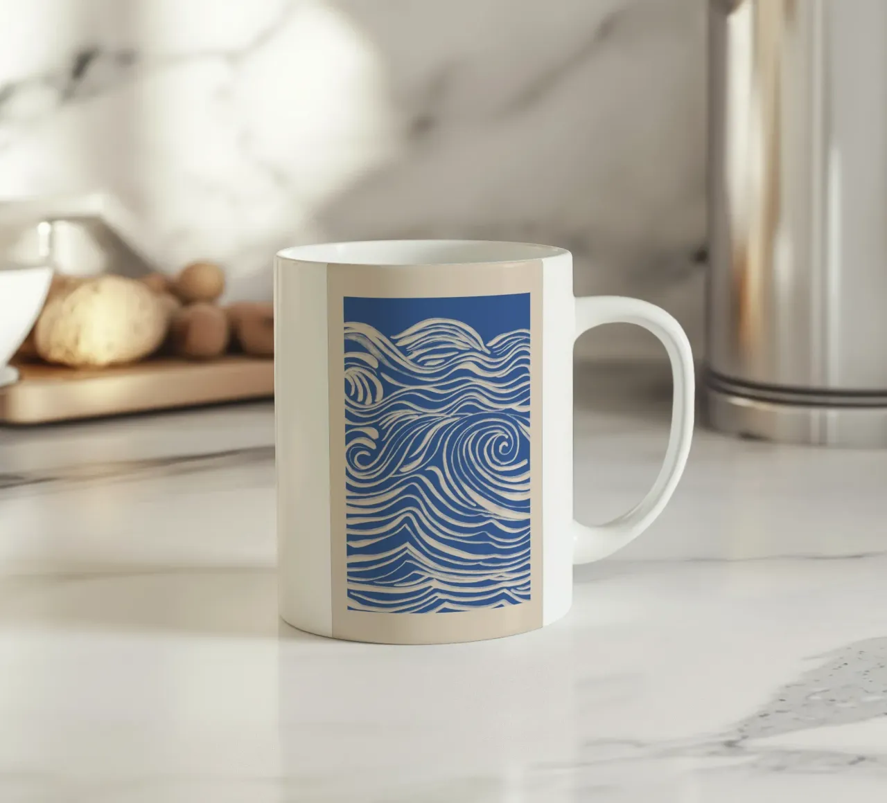 Abstracte witte wervelingen op blauw keramische mok van Melloi Art Print