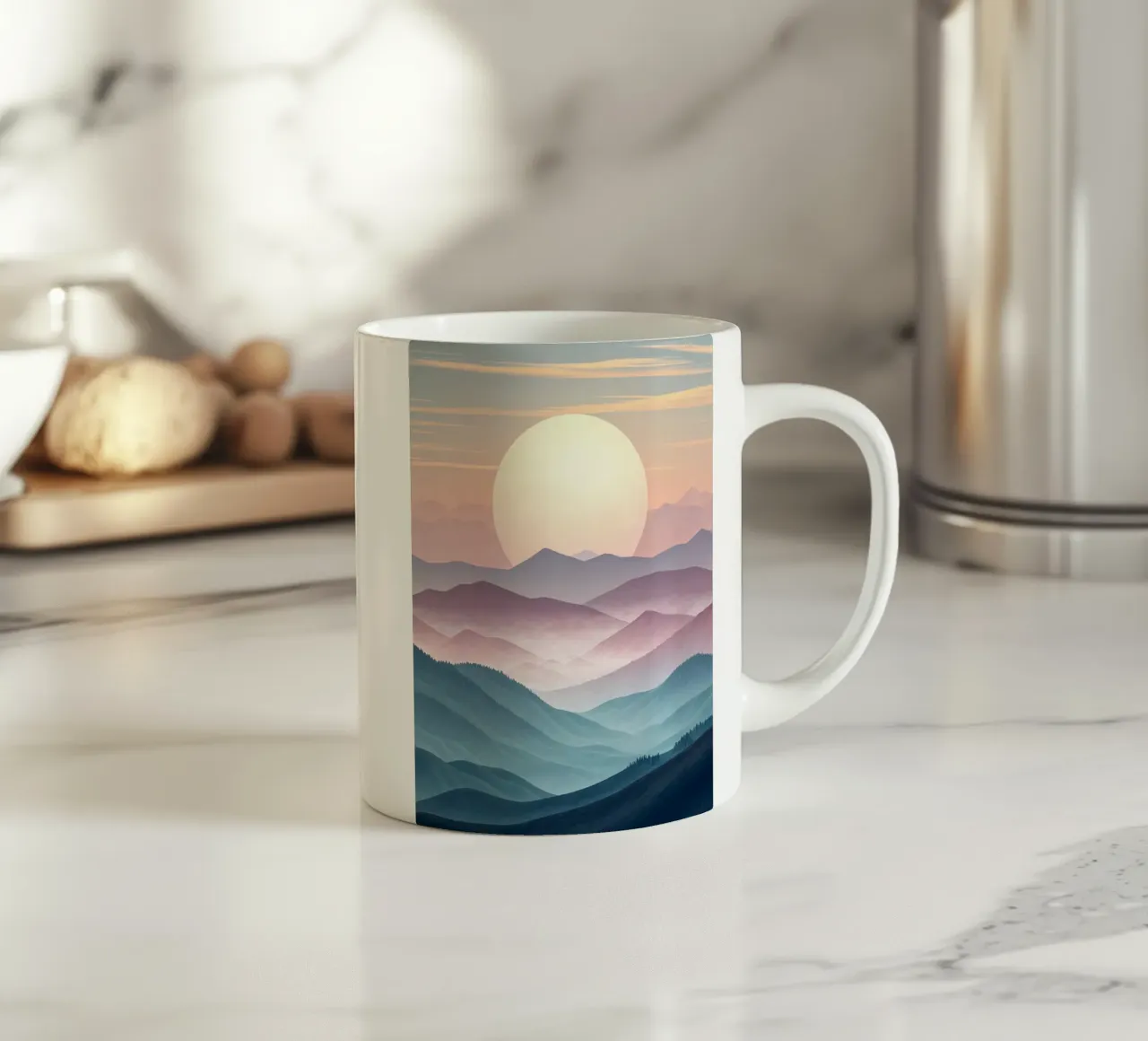 Sérénité majestueuse : Une pleine lune lumineuse s'élevant au-dessus de l'éther mug en céramique de Artistic-shop