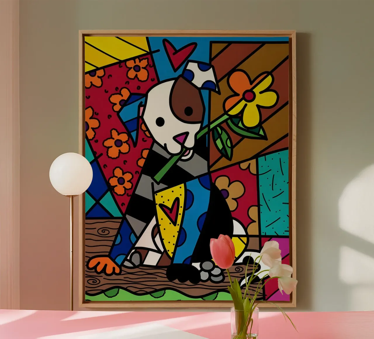 R Britto - Dog and flower tela con Cornice a cassetta da Algoritm