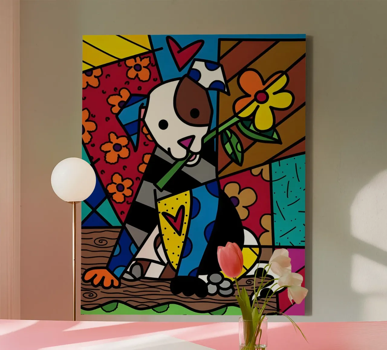 R Britto - Dog and flower tela con Cornice a cassetta da Algoritm
