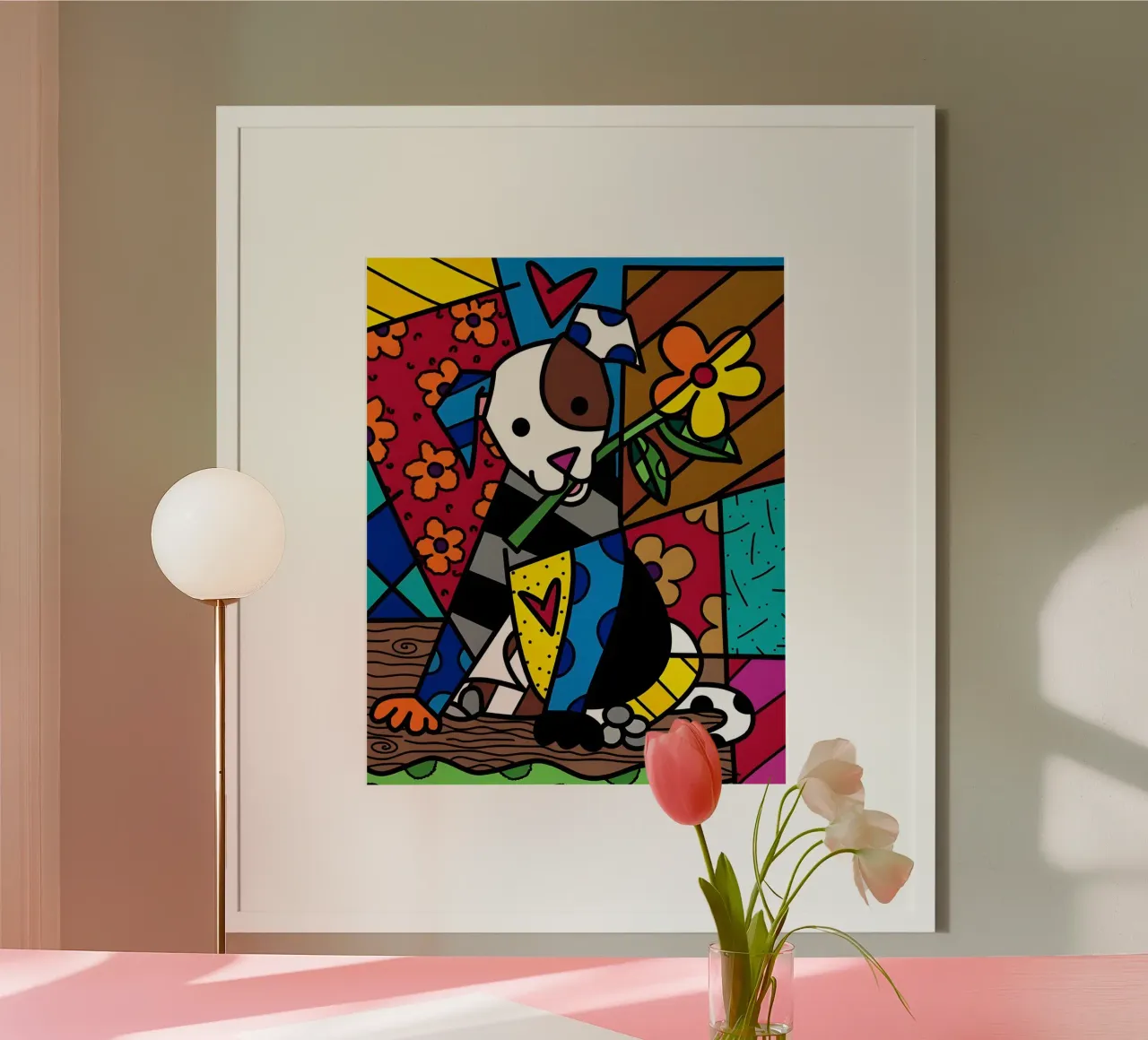 R Britto - Dog and flower poster con telaio in legno da Algoritm