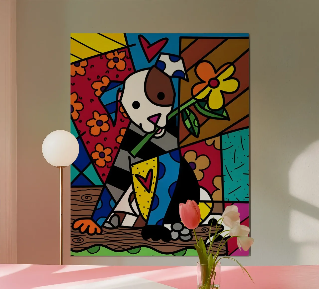 R Britto - Dog and flower poster con telaio in legno da Algoritm