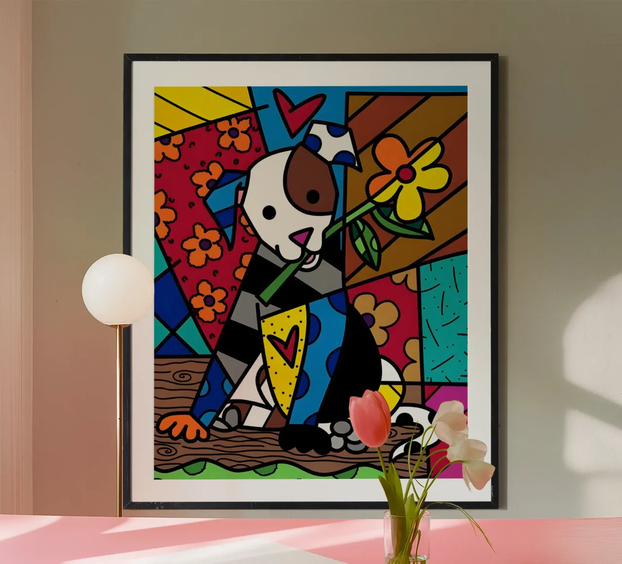 R Britto - Dog and flower poster con telaio in legno da Algoritm