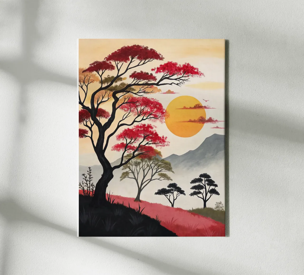 Majestueuze zonsondergang over karmijnrode savanne canvas met Baklijst van Artistic-shop