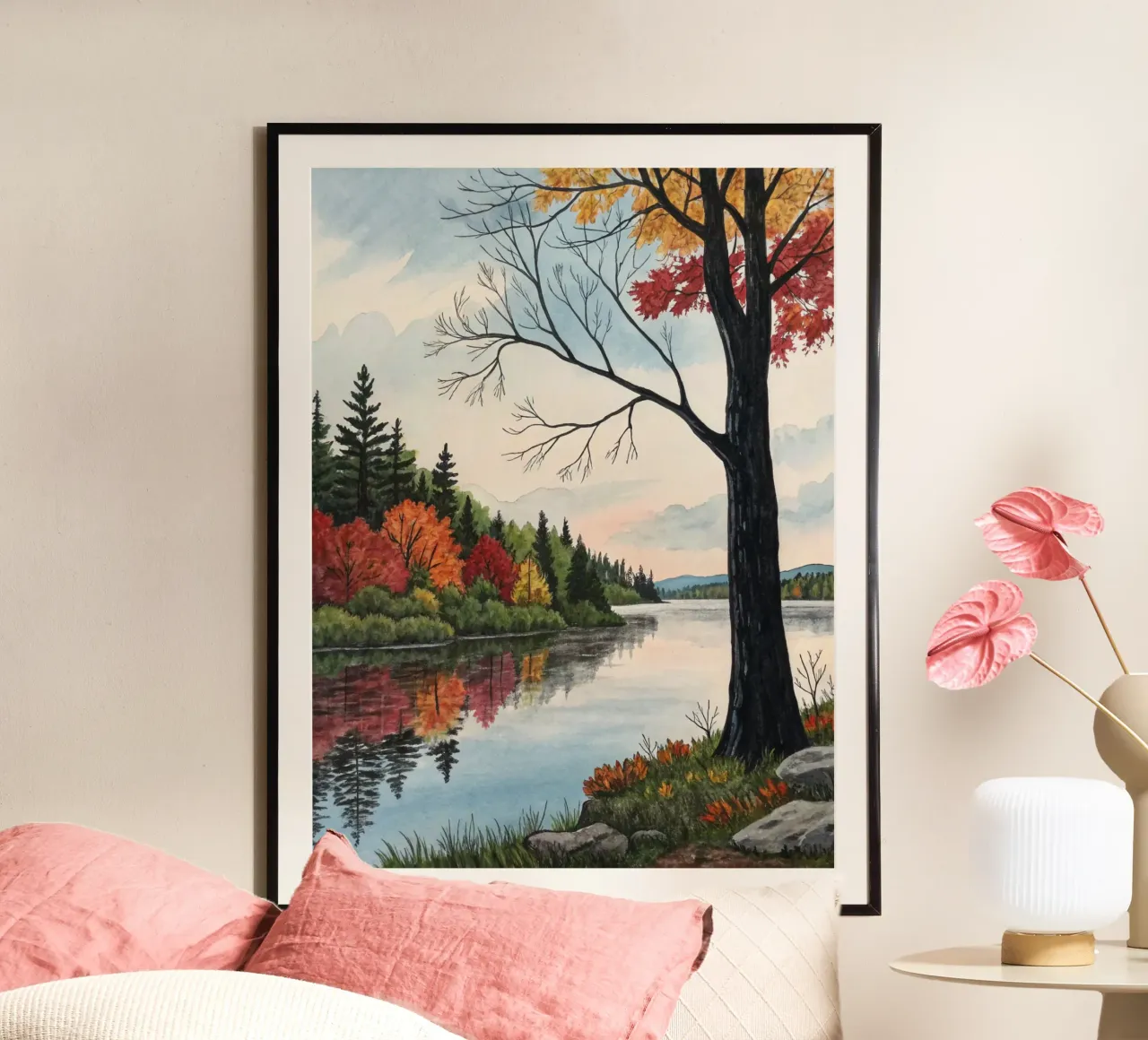 Riflessi vibranti della foresta su acque tranquille poster con telaio in plastica da Artistic-shop