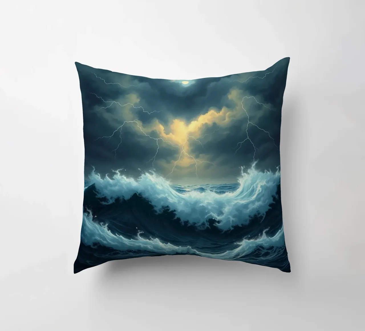 Un oceano tempestoso sotto un suggestivo bagliore celeste cuscino da Artistic-shop
